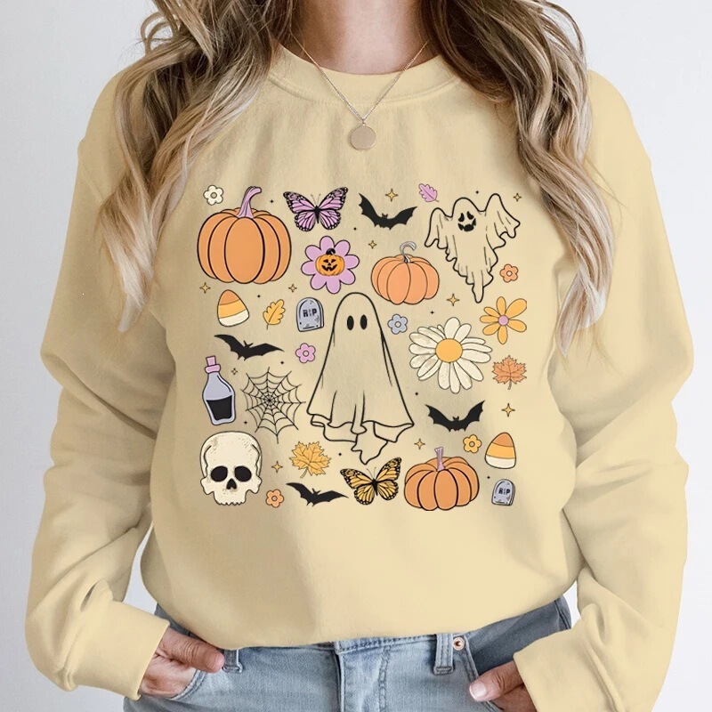 Halloween Ghost Pumpkin Print Sweatshirt Crew Neck Hoodless Pullover Women's Casual Sweatshirt Long Sleeve Top Halloween Ghost Pumpkin Print Sweatshirt Crew Neck Hoodless Pullover Women's Casual Sweatshirt Long Sleeve Top