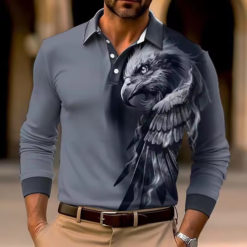 2024 venta caliente águila 3D impresión digital hombres malla suelta transpirable manga larga botones cuello jersey POLO