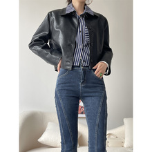 梦子汐 酷飒街区 黑色短款皮衣女春秋宽松PU皮夹克外套上衣 X1360