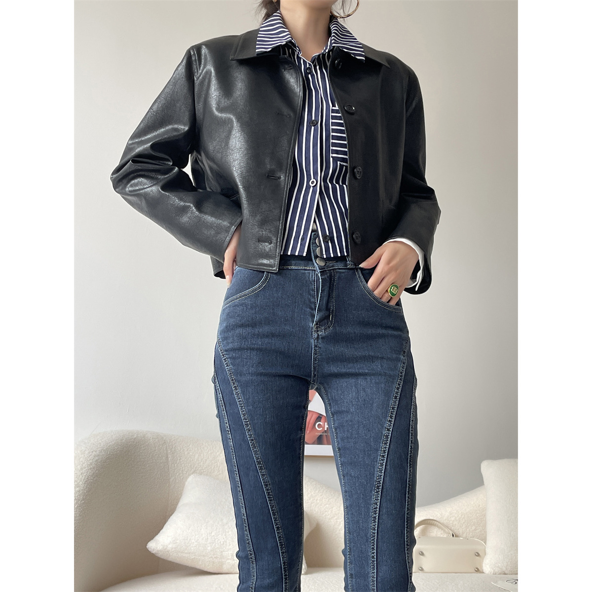 梦子汐 酷飒街区 黑色短款皮衣女春秋宽松PU皮夹克外套上衣 X1360