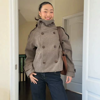 现货-复古风气质宽松双排扣立领短款呢子外套女2026新款跨境欧美