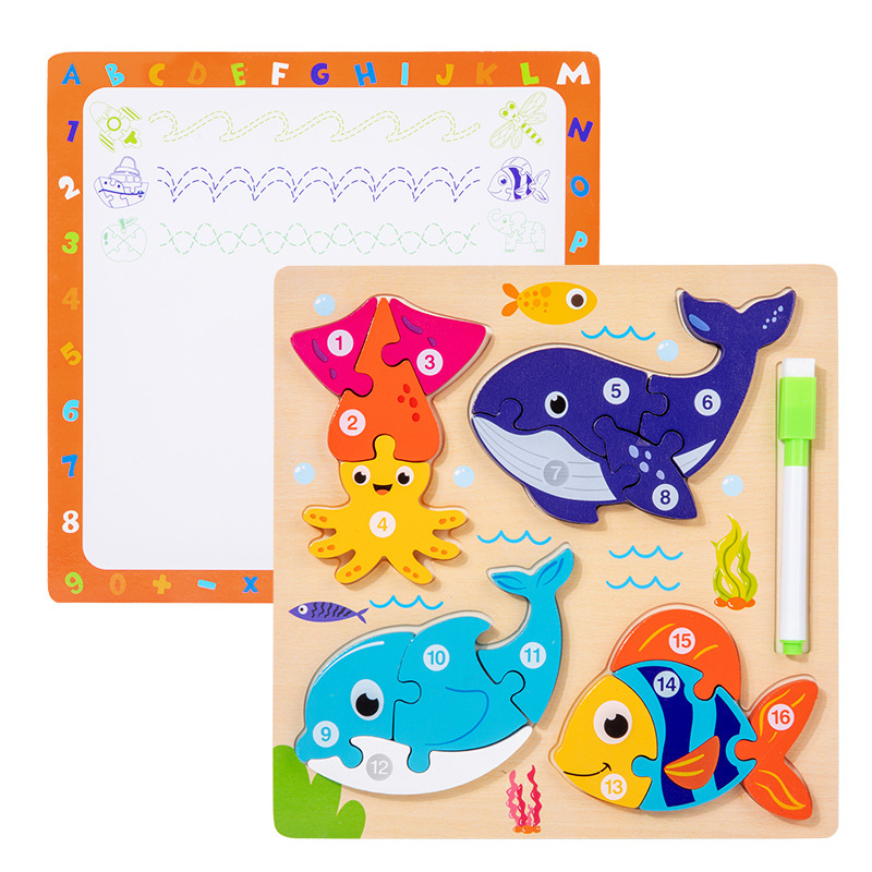 Tablero de rompecabezas de animales hecho a mano para bebés y niños, juguete de regalo de forma de rompecabezas cuatro en uno, madera de rompecabezas de educación temprana Montessori