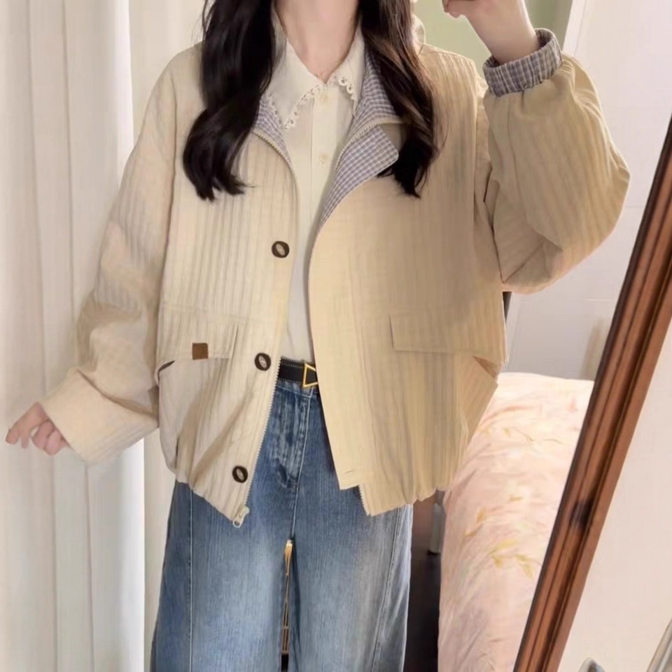 早秋日系短款夹克外套女款秋2025新款小个子休闲立领格纹撞色上衣