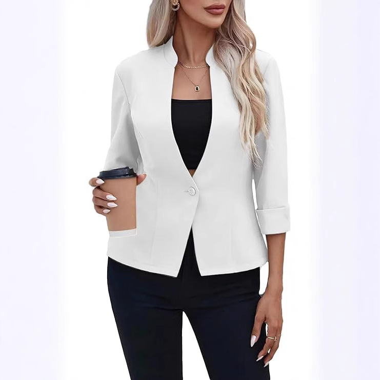 European and American Cross-Border Summer Women's Solid Color Three-Quarter Sleeve Lightweight Slim Fit Stand Collar Casual Blazer Jacket 5032