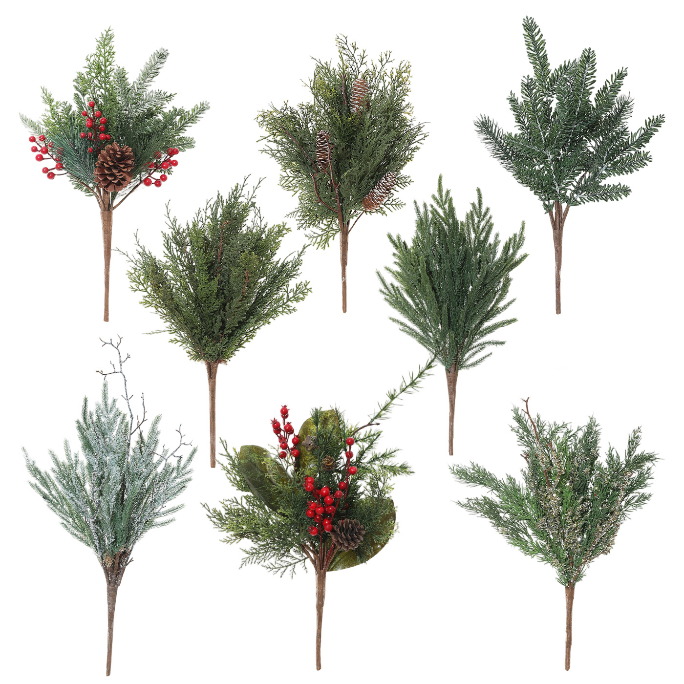 Simulación transfronteriza PE hoja verde con nieve pinos rojos pinos pinos aguja decoración hojas de lujo diseño de decoración del hogar