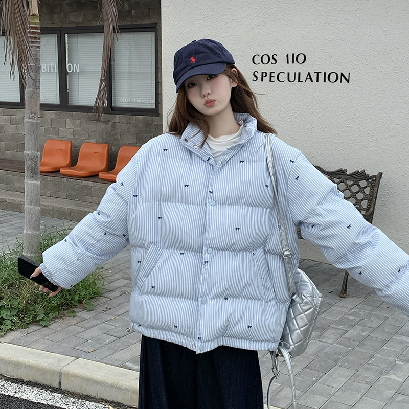 羽绒棉服外套女韩系条纹蝴蝶结印花装2025冬季新款宽松时尚棉袄潮|undefined