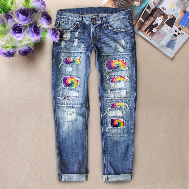 in stock 2022 Direct Purchase AliExpress Cross-border Ladies Jeans Red Ripped Plaid Ladies Jeans Pants