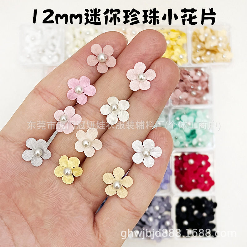 12mm mini faux pearl satin flower pieces, wedding dress and doll clothes hairpin accessories, handmade DIY fabric flower embellishments