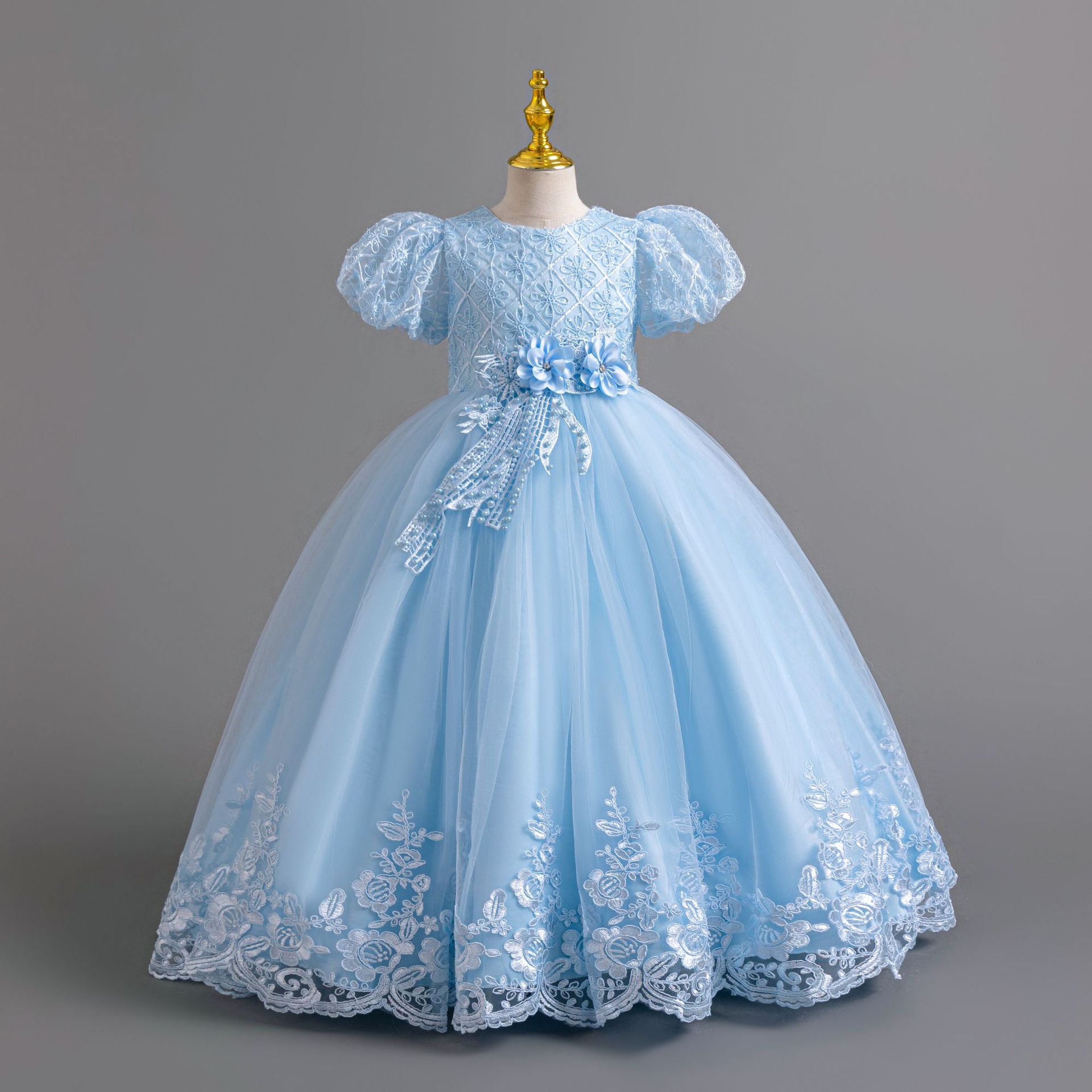 Comercio exterior al por mayor vestido largo vestido infantil burbuja manga encaje vestido de princesa vestido de niña vestido de fiesta vestido de niña