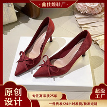 3389-53 绸缎蝴蝶结中式秀禾婚鞋新娘鞋女尖头高跟单鞋百搭不累脚