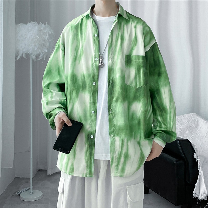 One-piece dropshipping cross-border daily loose layered gradient street style green inner long-sleeved shirt trendy casual men's