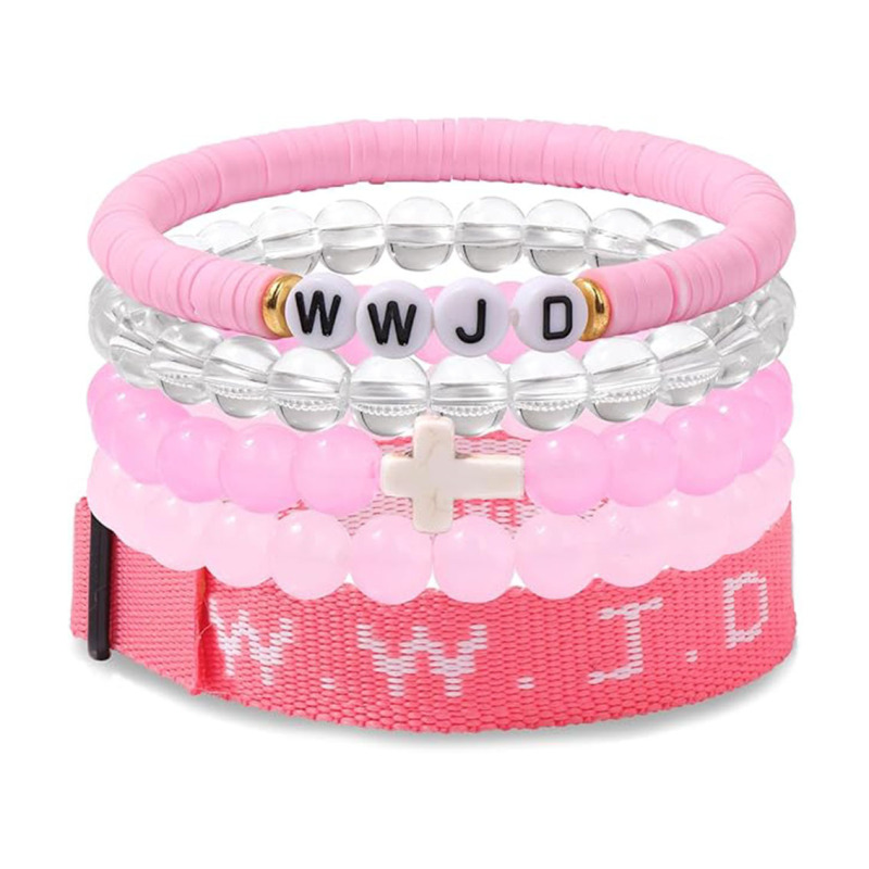 New Foreign Trade Five-Piece Bead Set, Simple Style Irregular Wwjd Bracelet, Pink Crystal Soft Clay Religious Bracelet New Foreign Trade Five-Piece Bead Set, Simple Style Irregular Wwjd Bracelet, Pink Crystal Soft Clay Religious Bracelet