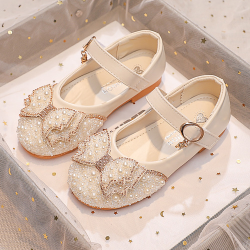 Girls' leather shoes with bows, shiny rhinestone pearl fairy princess shoes, little girls' fashionable children's sequined shoes