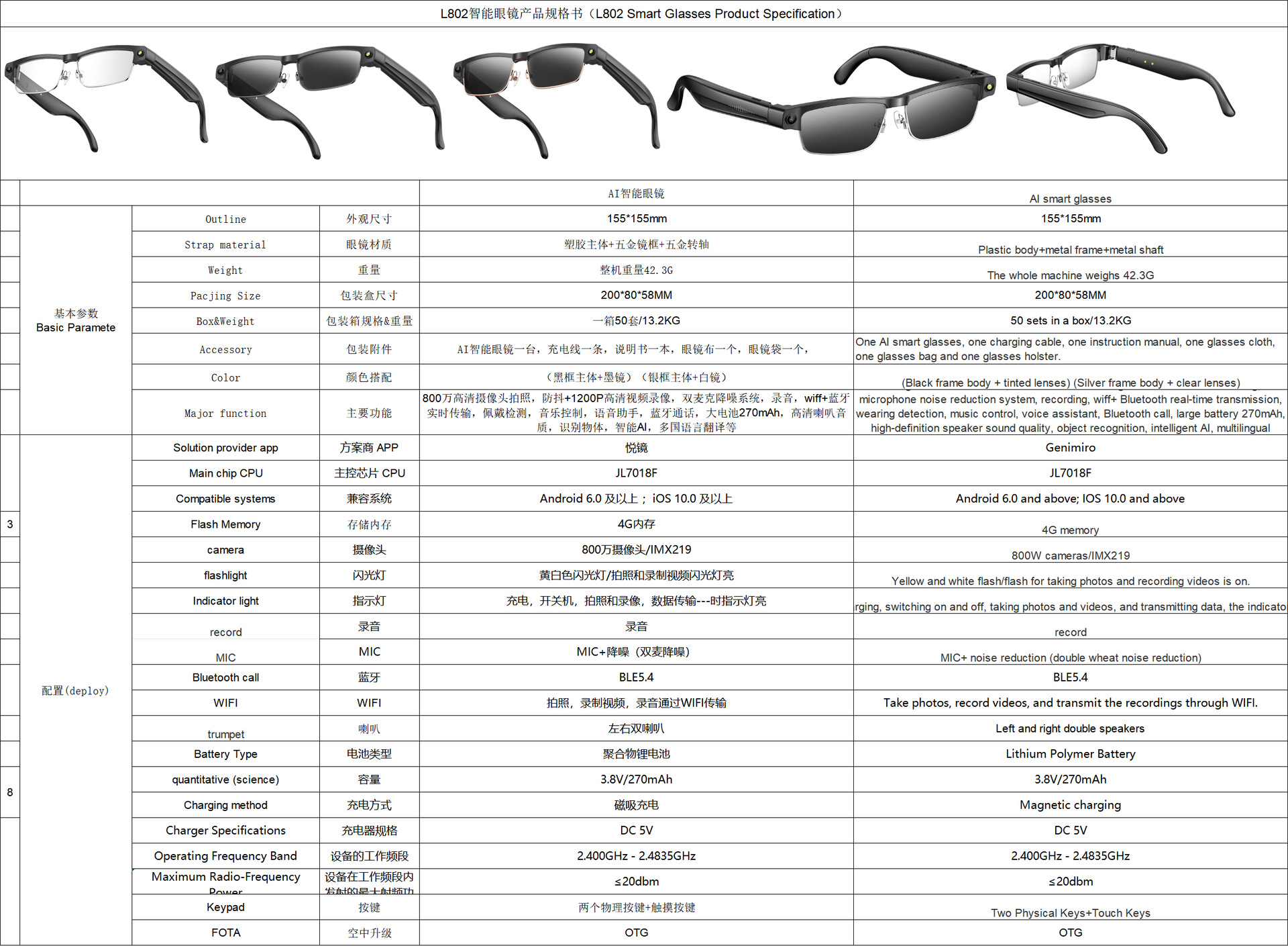 L802S (HeyCyan) 800W Anti-Shake Shooting Recording Bluetooth Call Smart AI Translation Dialogue Smart Glasses
