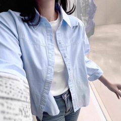 2025新款多巴胺奶蓝色棉衬衫女夏季叠穿宽松衬衣外套外穿防晒上衣