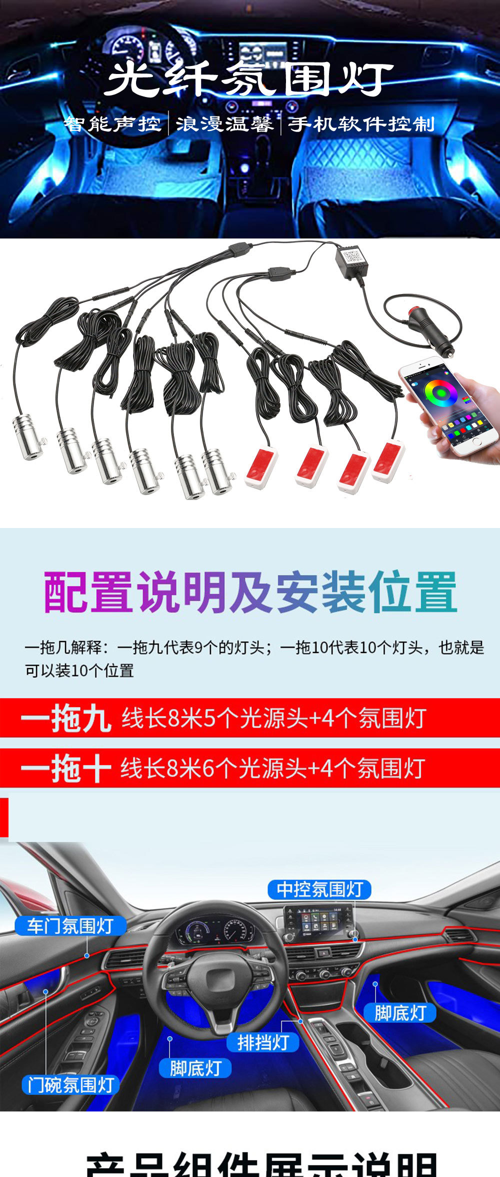 Car atmosphere light LED optical fiber cold light mobile phone APP remote control atmosphere foot light car voice control colorful drag 4