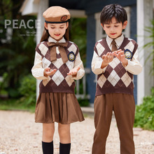 批发幼儿园服英伦学院儿童V领学生校服针织衫长袖开衫单件毛衣