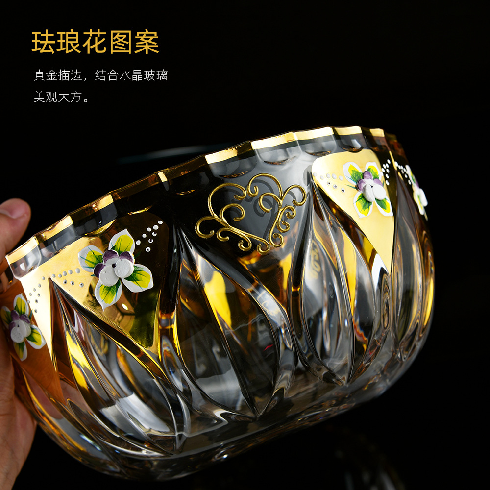 珐琅花描金线果斗捷克宫廷风高脚果斗轻奢复古大尺寸水晶玻璃果斗