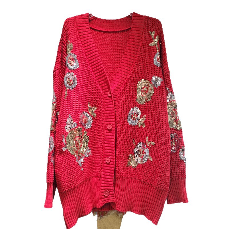Diseño único de lentejas, cuerpo hermoso y pesado, diseño de flores, chaqueta de punto, cardigan para mujeres.