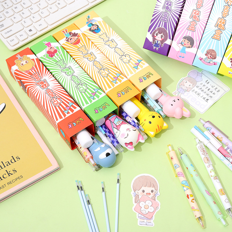 Lindo cuadro ciego descompresión pluma de dibujos animados suerte ciego caja de gel pluma descompresión adivinar caja conjunto pequeño regalo estudiante papelería