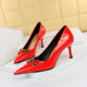 6122-A7 Korean Fashion Banquet Women's Shoes High Heels Thin Heels High Heels Shallow Lacquer Leather Buckle Decorative Single Shoes