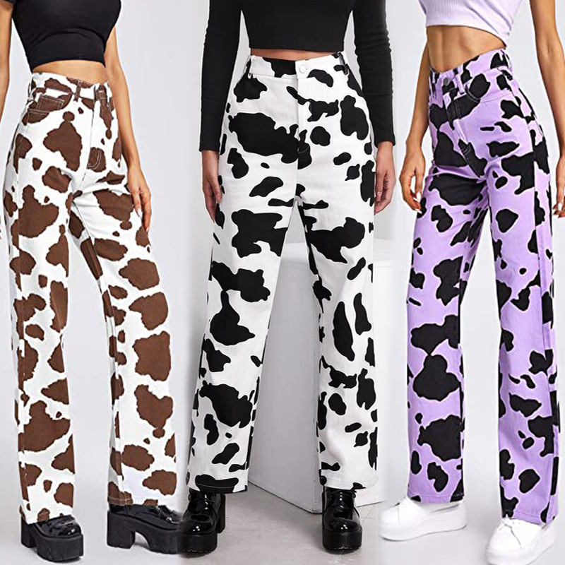 Personalized Printing Loose Straight Jeans Women's Fashion High Waist Casual Pants