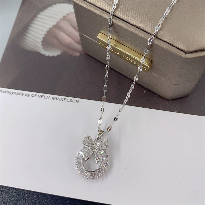 1 Piece Fashion Bow Knot Titanium Steel Inlay Zircon Pendant Necklace_colorza_3