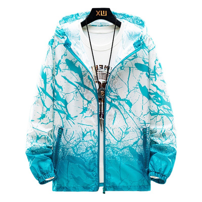 New Summer Couple Camouflage Printed Skin Clothing Hooded Thin Breathable Color Matching Sun Protection Clothing Men and Women Color Matching Jacket