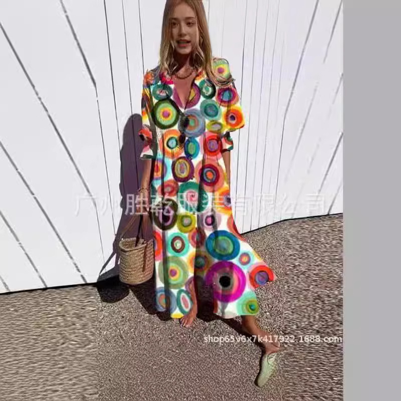 New Cross-Border Amazon Women's Clothing, New Plus-Size Style, Ruched European and American Style, Printed Elegant Commuter Dress New Cross-Border Amazon Women's Clothing, New Plus-Size Style, Ruched European and American Style, Printed Elegant Commuter Dress