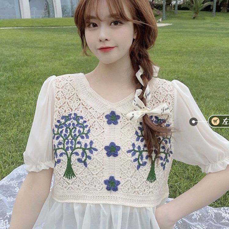 Knitted Chiffon Lace Pullover Short Sleeve Embroidered Large Size Women's Top Summer Thin Bohemian Ethnic Style
