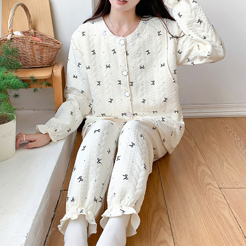 공기면 달 세트 가을 및 겨울 산후 모유 수유 임신 여성 잠옷 봄 및 가을 조정 가능한 두 조각 세트 겨울 두껍게