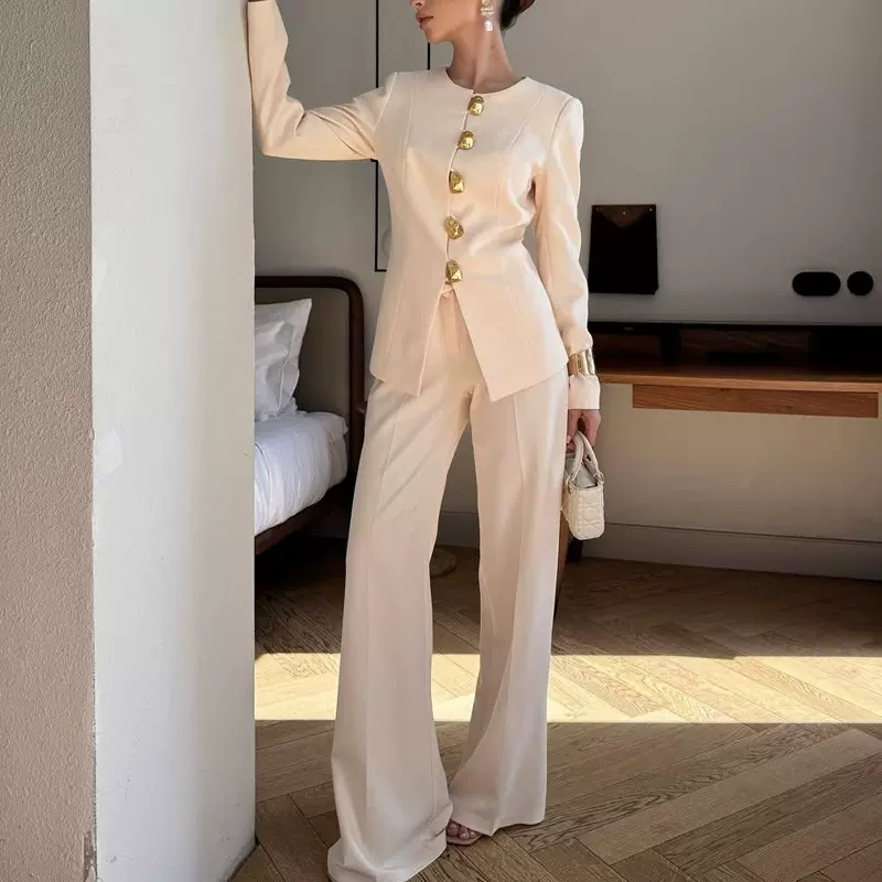 FD2353 现货2025秋冬欧美跨境女装白色上衣直筒宽松长裤西服套装