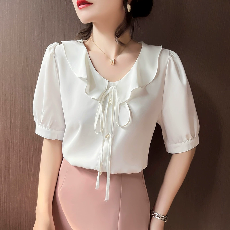 Простой элегантный рукав пузырь сладкий шнуровка с V-образным вырезом дизайн рубашка 2024 лето новый шифоновая рубашка топ женский
