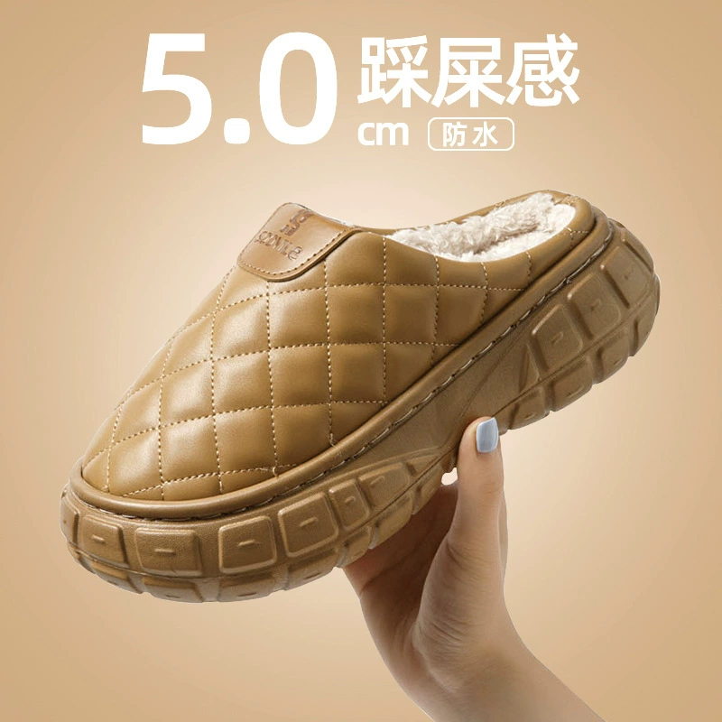 Водонепроницаемые хлопчатобумажные тапочки толстой подошвы женский зимний 2024 новый интерьер дома теплая и нескользящая передний вид