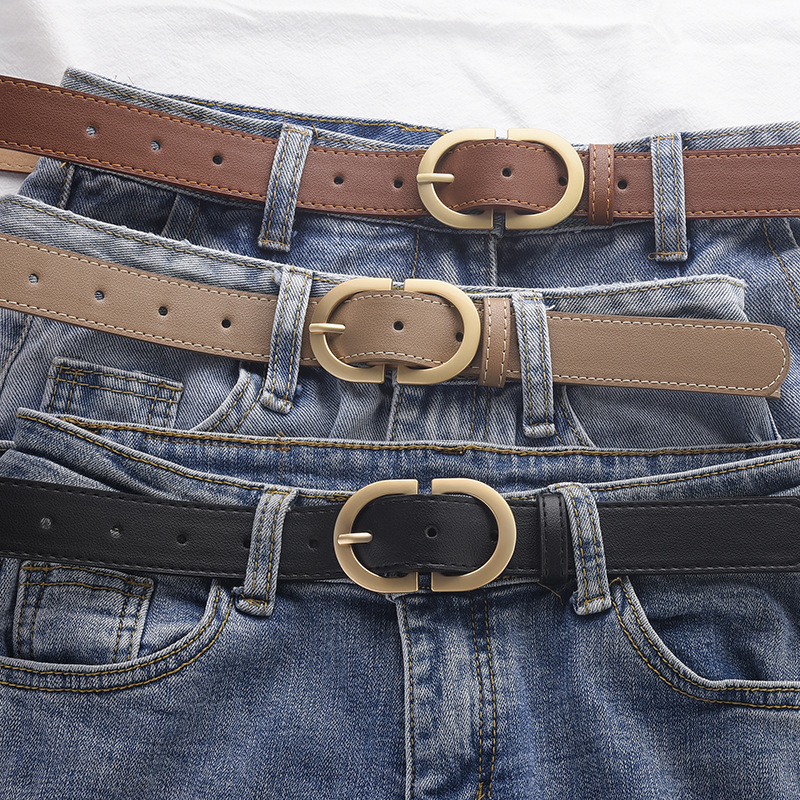 New Double-D Buckle Belt, Korean Style Women's Stitched Alloy Gold Buckle Belt for Young Students, Gold Jeans Belt