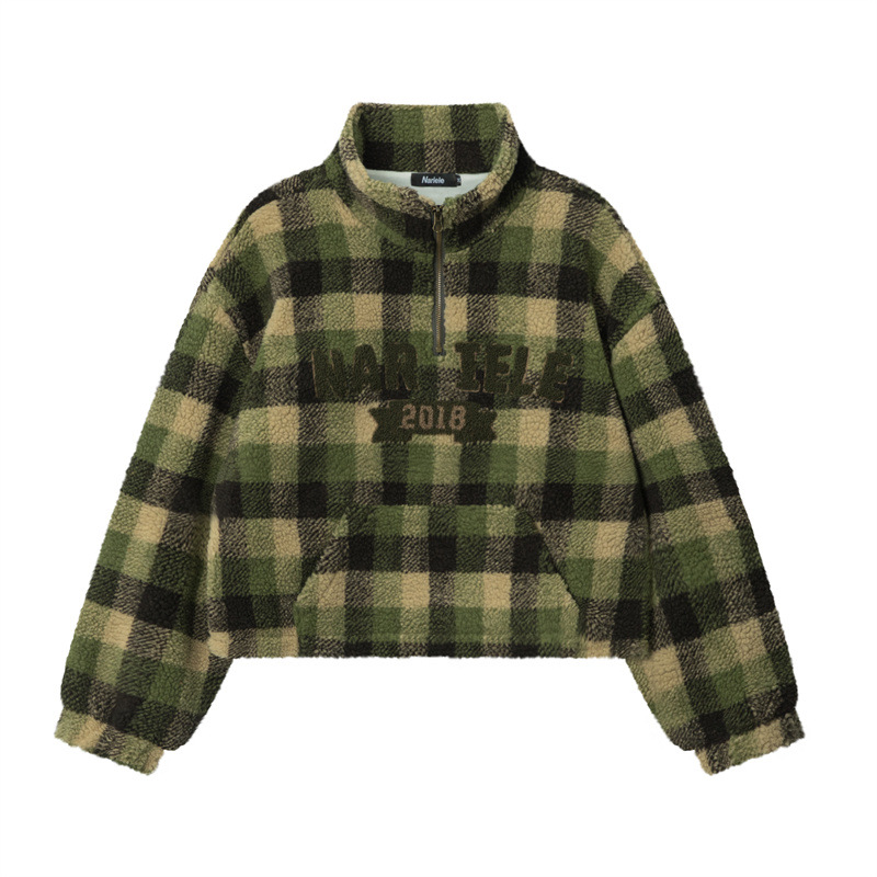 Hey Henry European And American Retro Style Winter Half-zip Top Short Letter Embroidered Plaid Sweater Jacket