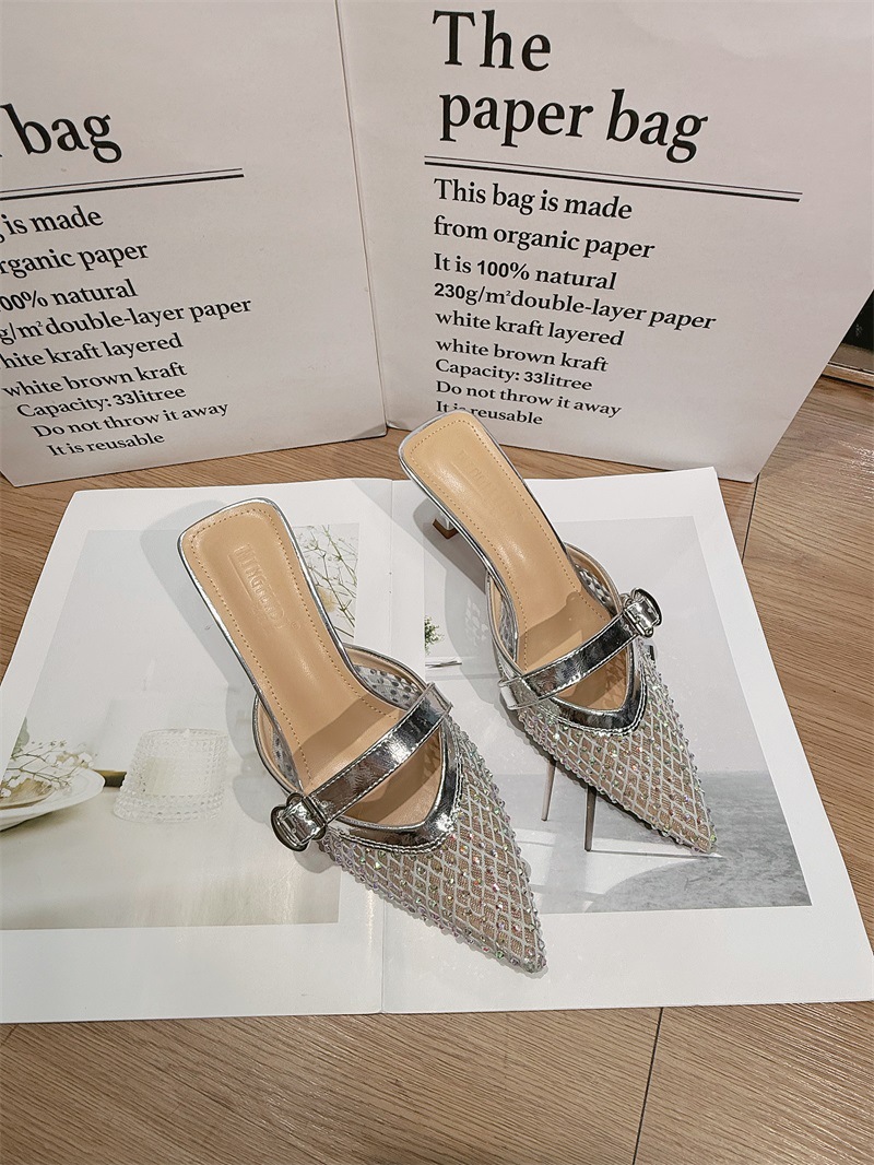 2026 nuevo verano de malla de diamante mitad zapatillas zapatillas de tacón frío zapatillas de tacón alto mujer ropa exterior de moda tacones delgados punta image 8