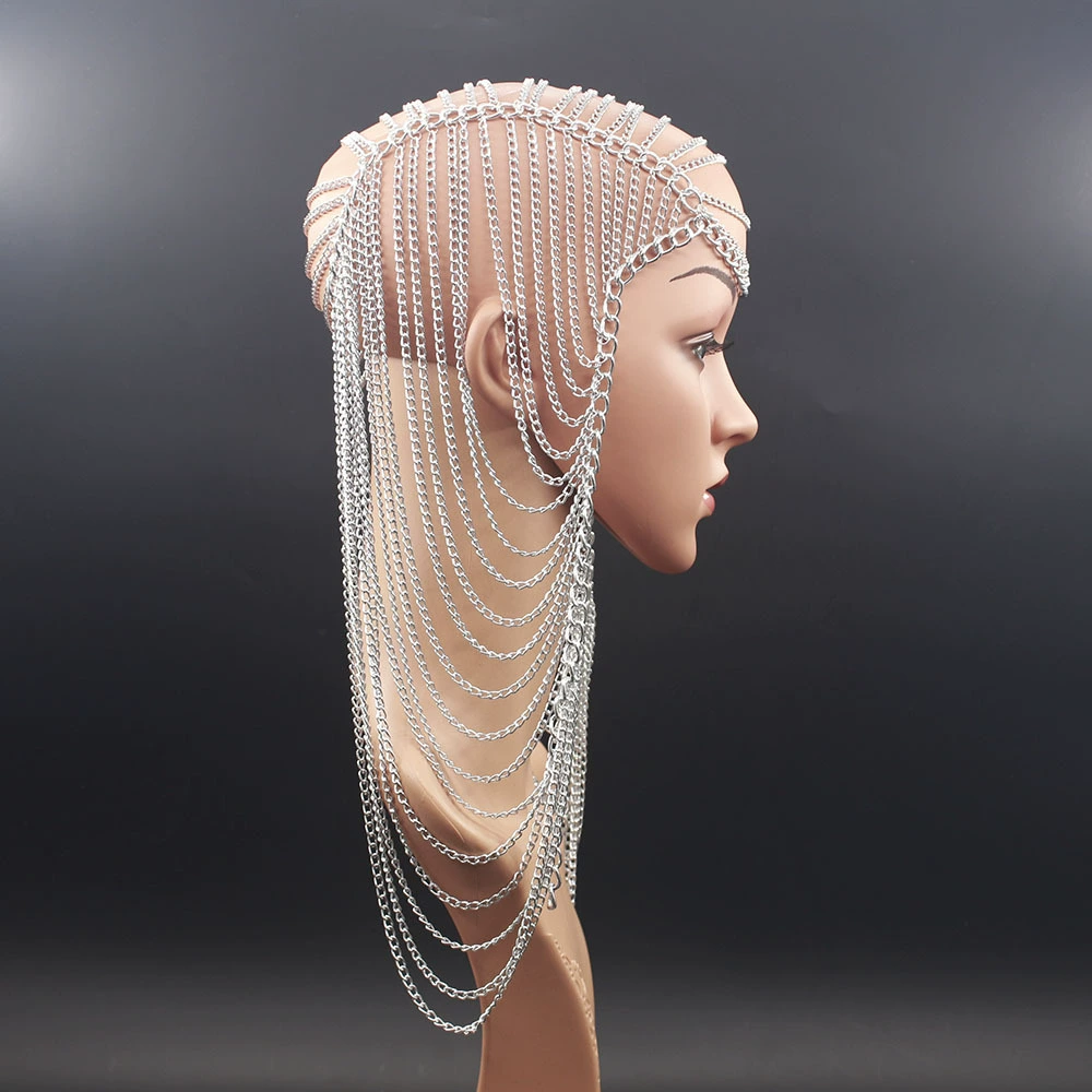 AliExpress взорвал европейскую и американскую преувеличенную индивидуальность металлическая алюминиевая цепочка длинная многослойная головная цепь женская панк уличная головная цепочка