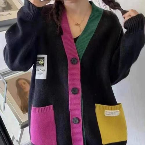 Early Autumn Plus Size Women's Color Block Knit Pocket Fashion Cardigan Loose Slimming Sweatshirt Outerwear