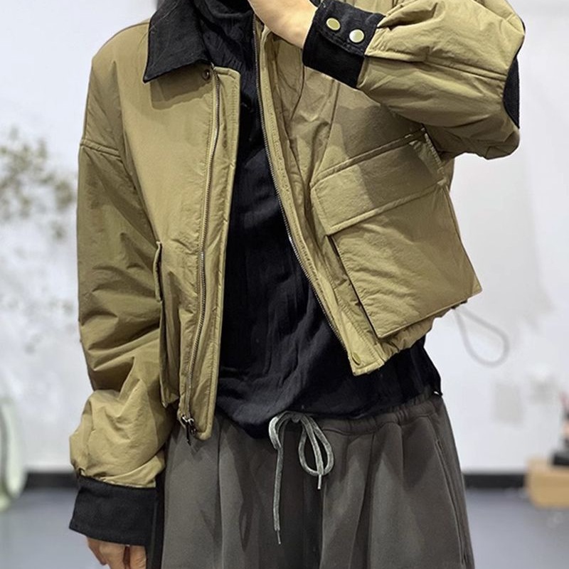 韩版领拼色宽松显瘦开衫棉衣休闲长袖夹棉外套棉服女冬潮牌黑色