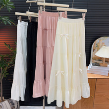 蝴蝶结拼接半身裙夏2024新款高腰显瘦中长款a字芭蕾风蓬蓬蛋糕裙