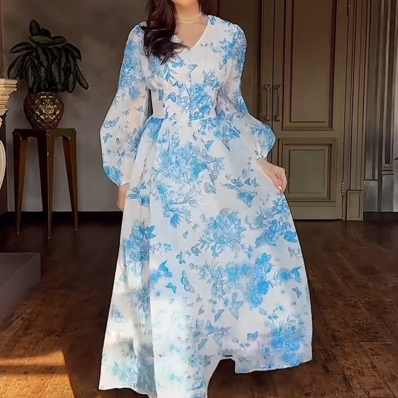 2025 Summer New Cross-Border European and American Amazon High-Waisted French Slim Long Long-Swing Holiday Dress