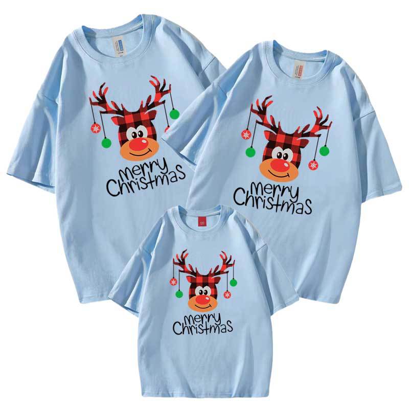 Transfronterizo 2021 verano calcetines de Navidad cabeza de ciervo anciano algodón refinado ropa entre padres e hijos manga corta cuello redondo Camiseta cuero al por mayor T