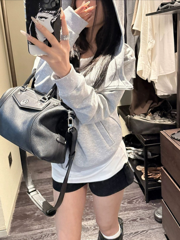 YOLO SHP 黑色连帽卫衣女修身百搭设计感翻领美式开衫外套上衣|undefined