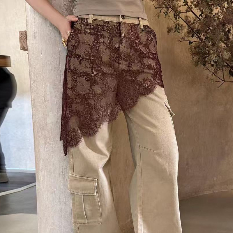 Ice Designer Brand Retro Fashionable Lace Butt Curtain Splicing Workwear Casual Pants Pants for Women 25 Early Autumn New Style