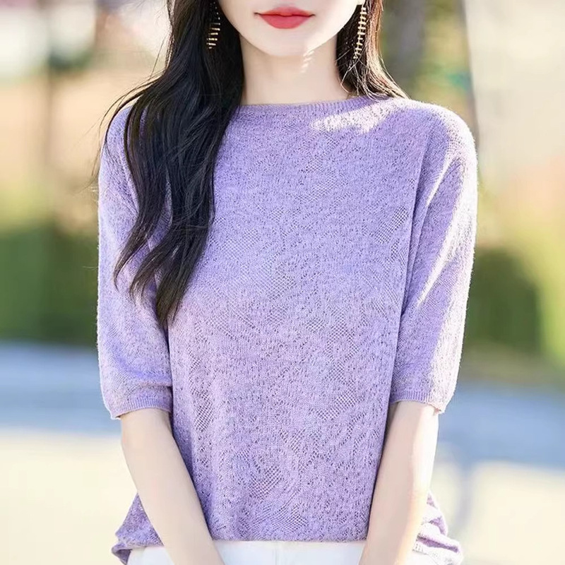 Women's Organza Jacquard Round-Neck Knit Top, Spring and Summer Lightweight, Breathable, Gentle Style, Slimming, Versatile, Elegant Top for Women Women's Organza Jacquard Round-Neck Knit Top, Spring and Summer Lightweight, Breathable, Gentle Style, Slimming, Versatile, Elegant Top for Women