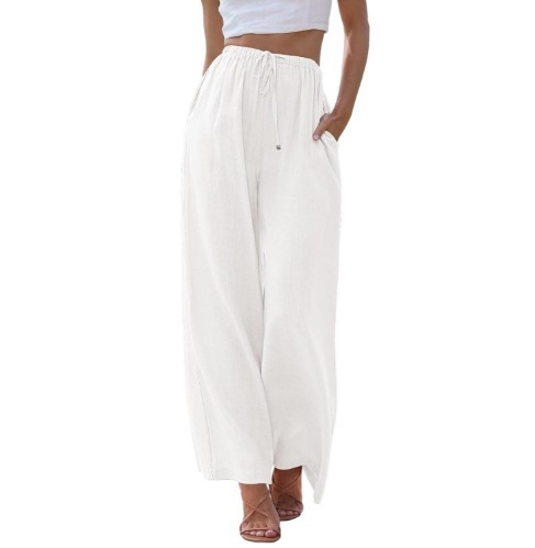 Relaxed Fit Wide Leg Pants for Women Linen Blend Drawstring Waist Pockets plus Size Available_ecoleips.com