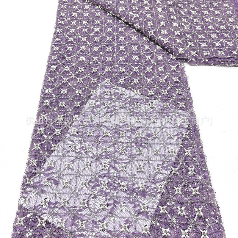 Blanco pesado clavos de cuentas sequinilla tela de encaje cuadrilátero cosido a mano perla sequinilla vestido tela