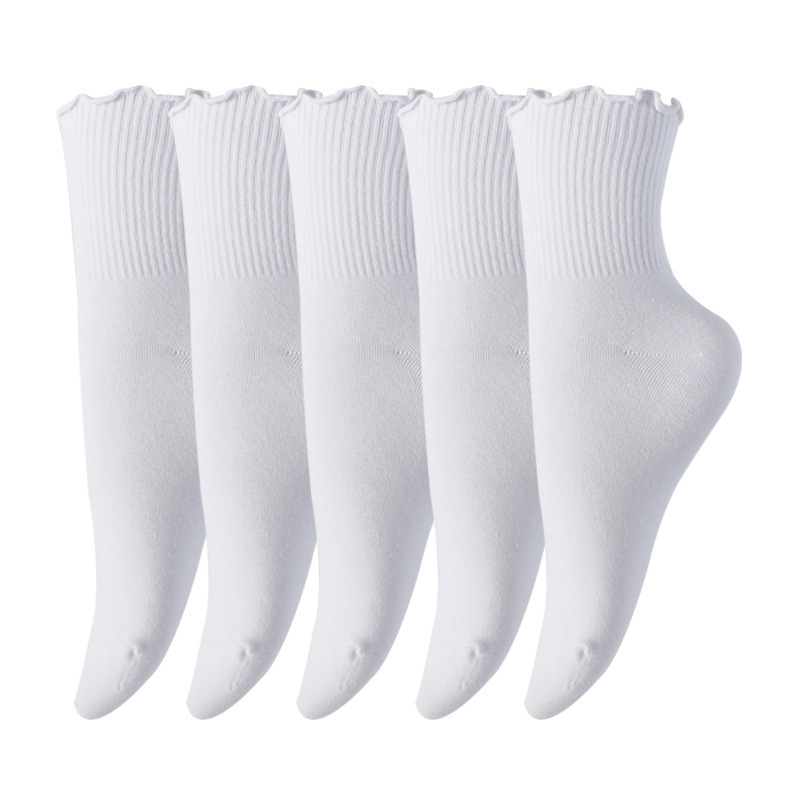 Cross-border frilled women's socks women's cute pleated ankle socks autumn and winter fungus lace cotton socks mid-calf socks women's solid color