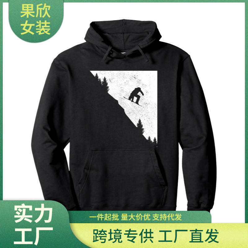 Men's and Women's Snowboard Pattern Hoodie - Black and White Mountain Pullover Sweatshirt with Kangaroo Pocket, Cotton